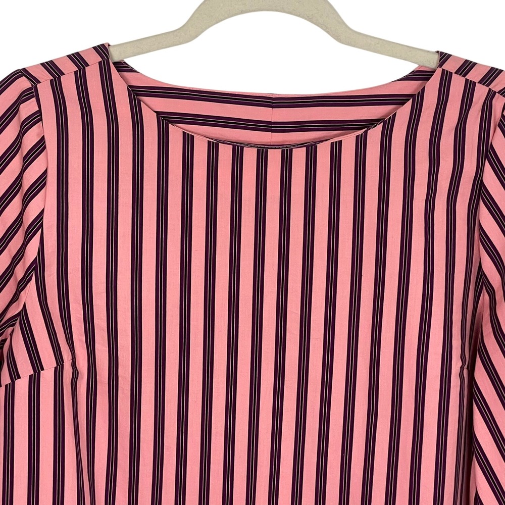 Topshop US 6 Pink Purple Black Stripe Cropped Puff Sleeve Cotton‎ Blouse - Picture 6 of 13